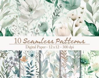 10 green Floral Digital Paper seamless patterns, leaves vines clipart, watercolor greenery, botanical natural aesthetic wedding invitation