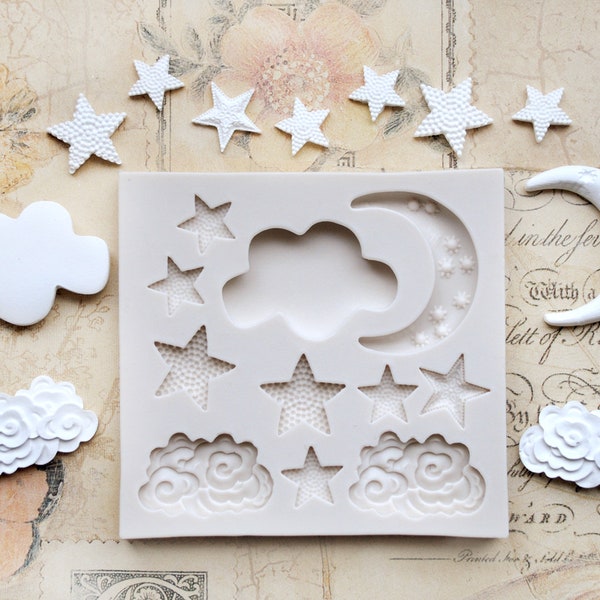 Silicone Mold Baby Clouds Stars Moon Fête d’anniversaire pour enfants e.B.pour décorer des gâteaux avec des fleurs et des fleurs de sucre ou de l’artisanat avec de l’argile polymère