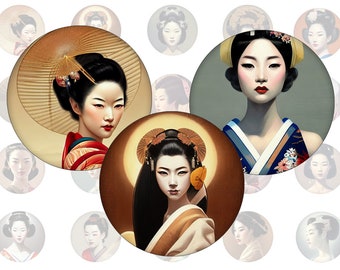A4 Digitaler Collage-Bogen Vintage Japan Geisha, runde Motive bzw. Cabochonvorlagen für Bottlecaps und Cabochons