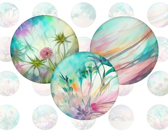 Digital collage sheet - floral abstract boho pastel - printable round cirle images in all common sizes, for glass cabochons or as stickers