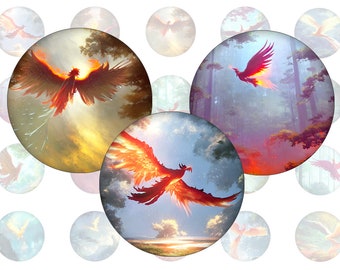 Digital collage sheet - Phoenix in a Forest - printable round round images common sizes, for glass cabochons or stickers