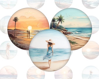 Digital Pattern collage sheet - abstract boho art - hollyday beach printable round cirle images in all common sizes, glass cabochon jewelry