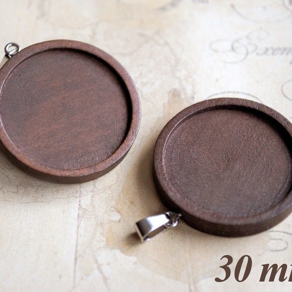 2 round 30 mm cabochon wooden sockets for gluing motif cabochons and cameo or for the production of natural jewellery