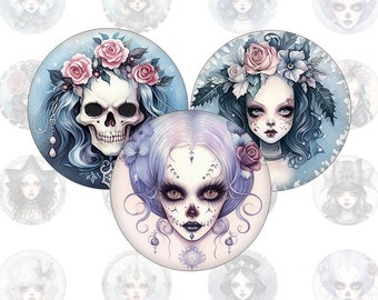 Digital collage sheet - Vintage Gothic Skull Princess - printable round cirle images in all common sizes, for glass cabochons or as stickers