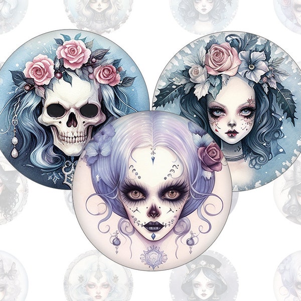 Digital collage sheet - Vintage Gothic Skull Princess - printable round cirle images in all common sizes, for glass cabochons or as stickers