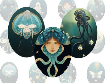 Digital collage sheet - maritim steampunk octopus and jellyfish - printable images in all common sizes, for glass cabochons or as stickers