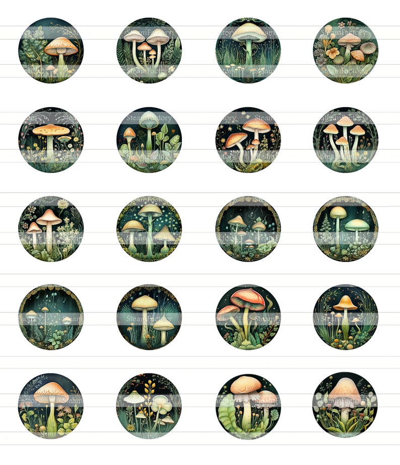 Digital collage sheet Fairytale mushroom Forest printable round cirle images in all common sizes, for glass cabochons or as stickers image 2