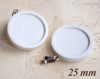 2 round white 25mm wooden cabochon settings for gluing motif cabochons and cameos or for making natural jewellery