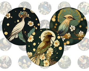 Digital collage sheet - birds in a fairytale forest - printable round round images common sizes, for glass cabochons or stickers