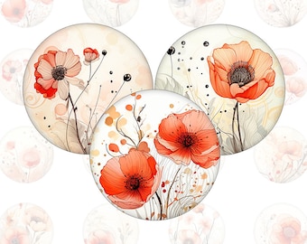 Mohn Blumenwiese - Cabochon Vorlagen für runde Bottlecaps und Cabochons in allen gängigen Größen