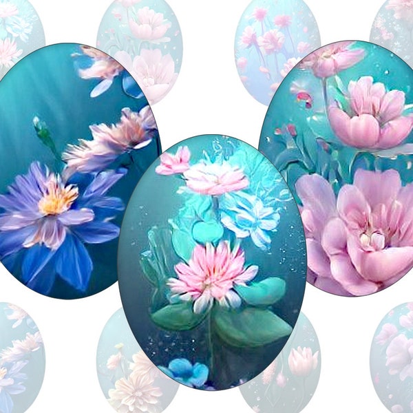 Digital collage sheet - Flowers in Underwater Garden - printable oval images in all common sizes, for glass cabochons or as stickers