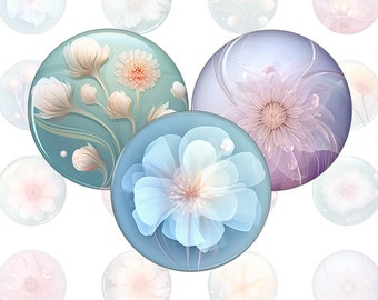 Fleurs élégantes - 20 images rondes, modèle de cabochon numérique floral en vitrail pour capsules de bouteilles et cabochons dans toutes les tailles courantes,