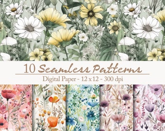 10 Florale, Zeitlos-Elegante Nahtlose Muster - Digitales Wildblumen Vol.2 - Wiese Papier-Set für DIY-Projekte und Hochzeitseinladungen