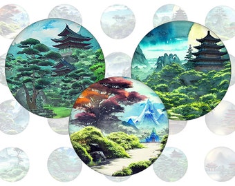 Digital collage sheet - Japanese Fantasy World - printable round round images common sizes, for glass cabochons or stickers