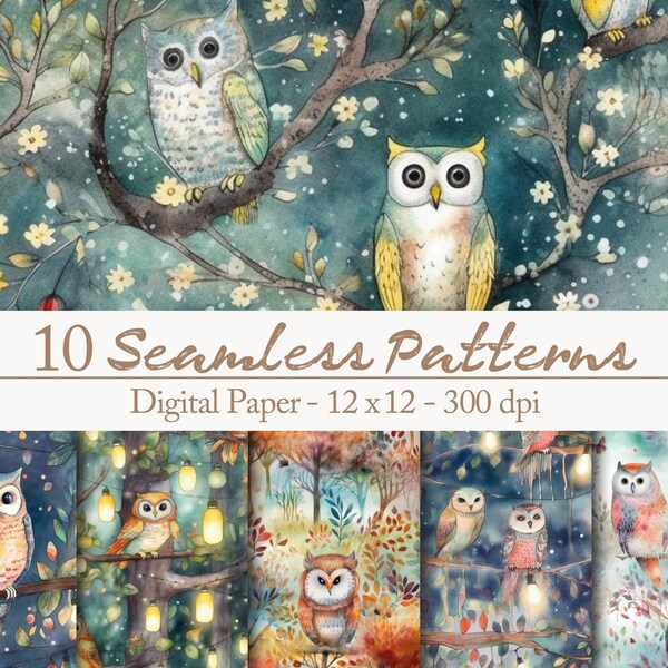 10 enchanted forest Birds and Trees Seamless Digital Papers - woodland creatures owls ravens whimsical fairy lights garden mist fantasy moon