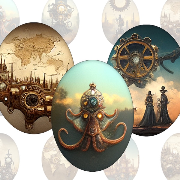 Digital collage sheet - Vintage Steampunk - printable oval images in all common sizes, for glass cabochons or as stickers