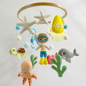 Scuba Diver baby boy mobile Snorkeling boy mobile Ocean nursery mobile Sea creatures mobile Baby felt mobile Gift for baby boy Unique giftt