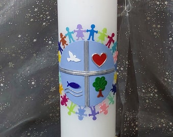 Baptismal candle + box "Children of this Earth + Cross + 4 symbols" Communion candle, baptismal candle girl, baptismal candle boy, baptismal candles, candle
