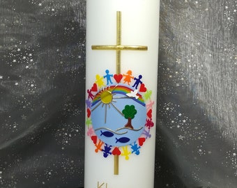Baptismal candle+cardboard "Children of the Earth+Rainbow+large Cross" communion candle, baptismal candle girl, baptismal candle boy, baptismal candles, light candle, candle