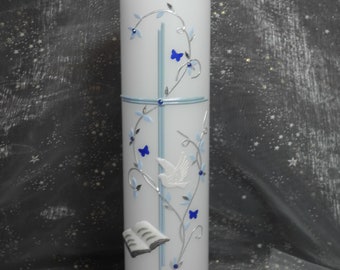 Baptismal candle + cardboard "Cross with dove tendril + book" baptismal candle girl, baptismal candle boy, baptismal candles, life light, communion candle, wax, cross