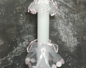 Drop catcher+candle skirts, lace, satin, drop catcher, candlestrope protection, baptismal candles, baptismal candle, communion candles, candle skirt for baptismal candle,