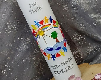 Baptismal candle + box "Children of this Earth blue/white + rainbow" Communion candle, baptismal candle girl, baptismal candle boy, baptismal candles, candle