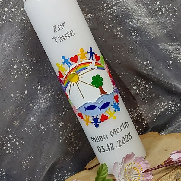 Baptismal candle + box "Children of this Earth blue/white + rainbow" Communion candle, baptismal candle girl, baptismal candle boy, baptismal candles, candle