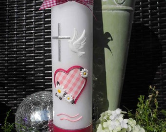Cross with diamond heart + flowers "christening candle, communion candle, boy, girl, candle, christening candle girl, pink, colorful, gift, baptism, christening gift, light of life