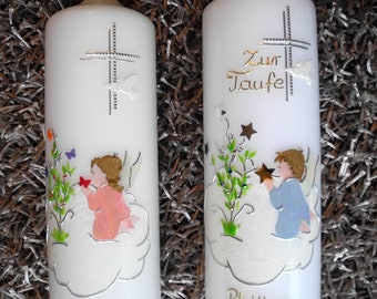 Bougie baptismale, bougie baptismale jumelle, bougie ange gardien "Ange gardien/J.+Étoiles+Arbuste", bougie baptismale fille, bougie baptismale garçon,