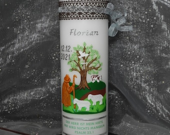 Christening candle, rustic candles "Shepherd with sheep and tree of life" candle + box, christening candles, christening candle boy, candle + baptism saying, christening candle-vintage,