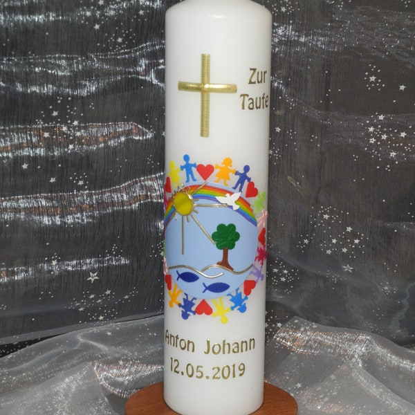 Taufkerze+Karton "Kinder dieser Erde+Regenbogen+Kreuz" Kommunionskerze, Taufkerze Mädchen, Taufkerze Junge, Taufkerzen, Lichterkerze, Kerze