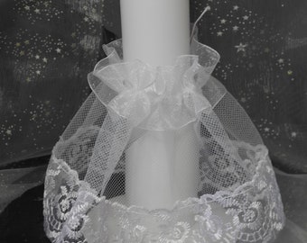 Drip catcher + candle skirt, lace, satin, drip catcher, candle drip protection, baptism candles, baptism candle, communion candles, candle skirt for baptism candle,