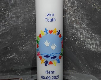 Bougie de baptême "Enfants de cette Terre+Mains" lumière de vie, bougie lumineuse, bougie, cadeau de baptême, bougies de baptême, fête de l'église, bougie de communion, fille, garçon