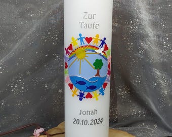 Taufkerze + Karton "Kinder dieser Erde h.blau/blau + Regenbogen " Kommunionskerze, Taufkerze Mädchen, Taufkerze Junge, Taufkerzen, Kerze