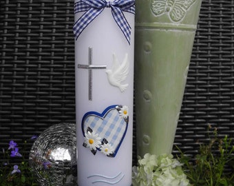 Taufkerze"Kreuz mit  Karoherz+Blumen"Kummunionskerze,Junge,Mädchen,Taufkerze Mädchen,Geschenk,Taufe,Taufgeschenk,Lebenslicht,Taufkerzen