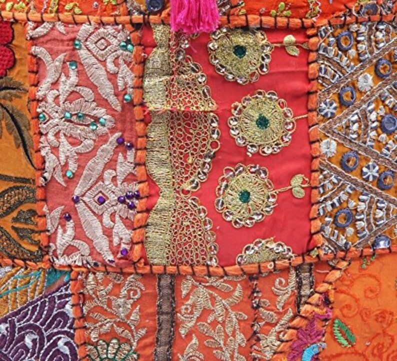 Hippie Bohemian Handmade Khambadia Handmade Bohemian Hand Embroidered Pouf Cover Ethnic Foot Stool Cover Home Decorative Room Patchwork Art