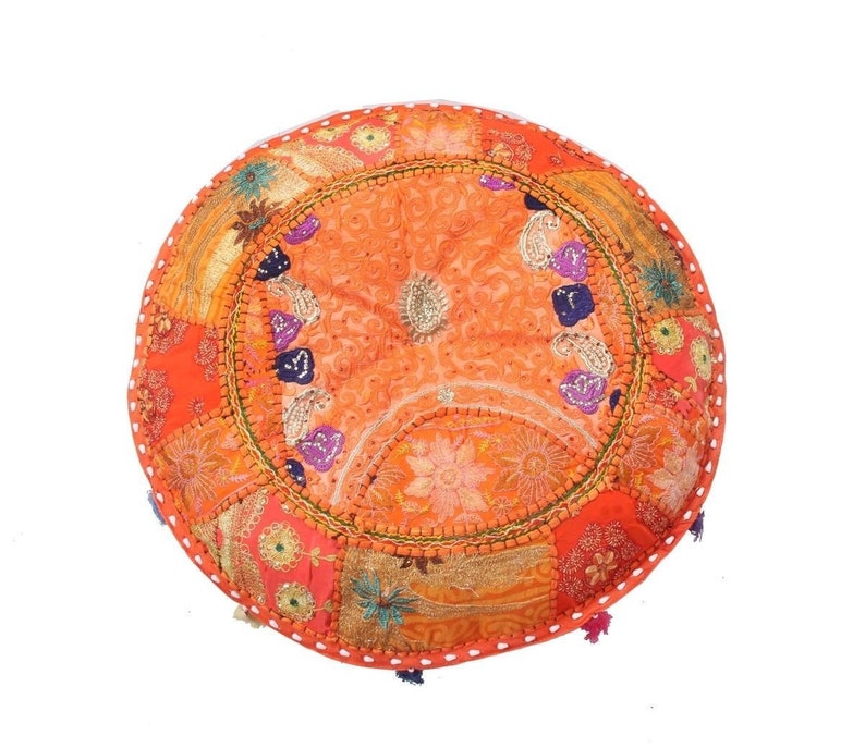 Hippie Bohemian Handmade Khambadia Handmade Bohemian Hand Embroidered Pouf Cover Ethnic Foot Stool Cover Home Decorative Room Patchwork Art