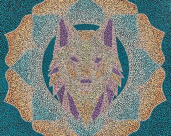 Geometrie dotpainting dotart Mandala Wolf 40x40cm