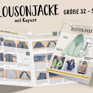 Könnte beinhalten: Ein Schnittmuster für eine Kapuzenjacke, genannt "Blousonjacke", mit Anleitungen für die Größen 32 bis 52. Das Schnittmuster beinhaltet verschiedene Stile, darunter eine gefütterte und eine ungefütterte Variante.