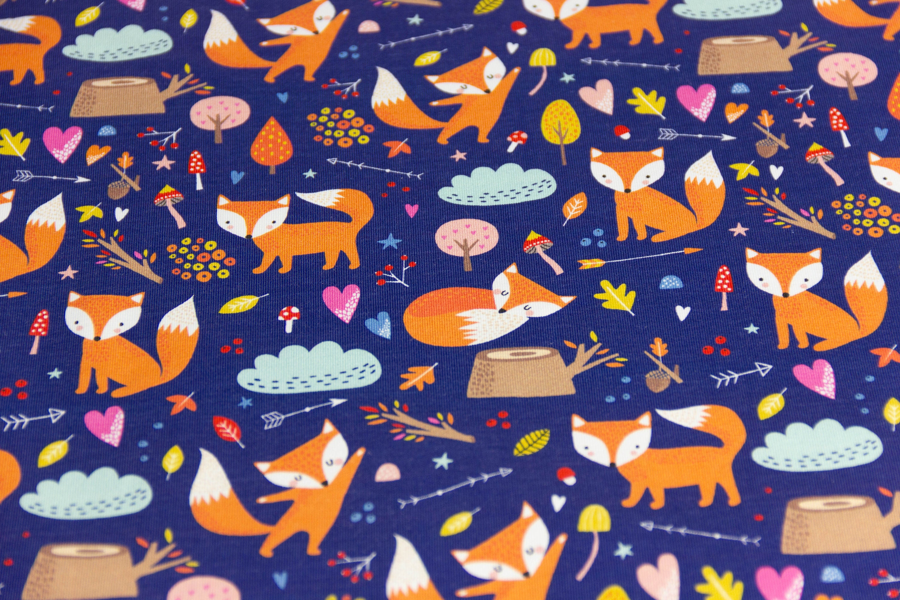 16.00 euros/meter stretch jersey with foxes, FVJ-2164, Miss von Julie, dark blue