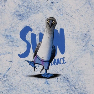 Könnte beinhalten: Ein Blaufuß-Tölpel, der lila Unterwäsche trägt und tanzt, mit dem Wort "SWIM DANCE" in Blau dahinter geschrieben.