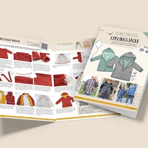 Könnte beinhalten: Ein Schnittmuster für eine Kapuzenjacke mit Anleitung und Fotos. Das Schnittmuster ist für die Größen 115-164 cm. Das Schnittmuster heißt "Lieblingsjacke".