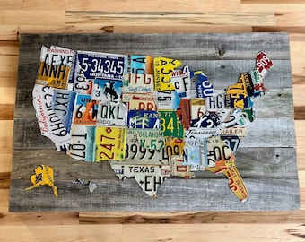 Full Size 50 State License Plate Map - All Authentic License Plates/ Hand Made in the USA