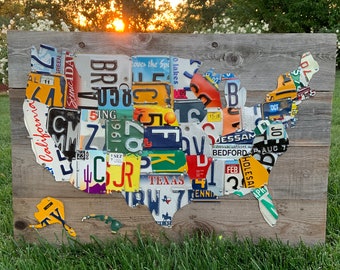 50 State License Plate Map - 32"X22". All Authentic License Plates/ Hand Made in the USA