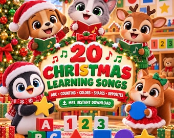 May include: A digital album cover titled 20 Christmas Learning Songs featuring a puppy, kitten, deer, penguin, and squirrel. The characters hold books and shapes. Text includes ABC, Counting, Colours, Shapes, Opposites, and MP3 Instant Download.