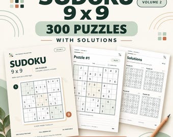 May include: A Sudoku 9x9 puzzle book, Volume 2, featuring 300 puzzles with solutions. The cover and interior pages display a 9x9 grid with numbers, titled Sudoku 9x9 300 Puzzles with Solutions. The document is labelled as an A4 printable PDF.