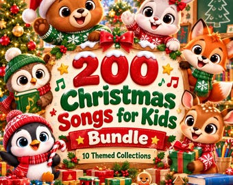 May include: A digital graphic featuring a brown bear, a white rabbit, a fox, an owl, and a penguin wearing winter clothing around a sign that reads 200 Christmas Songs for Kids Bundle 10 Themed Collections with gifts and a toy train.