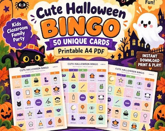 May include: A digital Halloween bingo game set featuring 50 unique cards in a printable A4 PDF format. The design includes a black cat, a ghost, a haunted house, and autumn leaves. Text includes Cute Halloween BINGO, 50 UNIQUE CARDS, and Not-So-Spooky Fun!