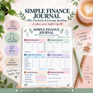 Könnte beinhalten: Eine druckbare Seite für ein einfaches Finanzjournal mit Abschnitten für Rechnungen, Einkommen, Budgetplan, tägliche Ausgaben, monatliche Zusammenfassung und Reflexion. Das Dokument enthält Text, pastellfarbene Blöcke und Blattmotive.