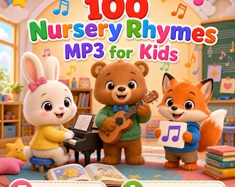 May include: A digital collection titled 100 Nursery Rhymes MP3 for Kids featuring a white rabbit playing a black piano, a brown bear playing a wooden ukulele, and an orange fox holding a music note sign, with colourful musical notes in the background.